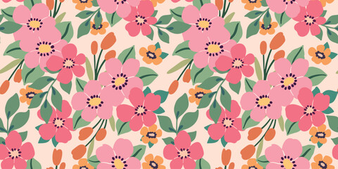 Seamless floral pattern, liberty ditsy print of gentle floral meadow in romantic pastel colors. Cute botanical design of small hand drawn flowers, tiny leaves, simple plants. Vector illustration.