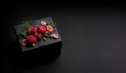 a black gift box on a dark contrast background decorated with red rose and bow for a romantic atmosphere. used for birthday, anniversary .
