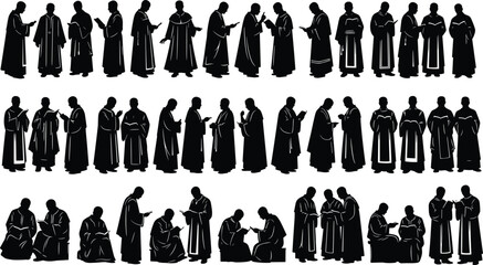 Silhouette of monks, reading, praying, religious figures, group of friars, spiritual discussion, Catholic robes, Christian tradition, black and white vector, monastery life, worship illustration