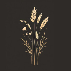 Minimalist golden plant on dark background with wheat and leaves