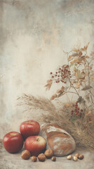 Rustic still life with bread, apples and nuts on light background, vertical format