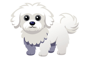 Adorable Cartoon Maltese Dog with Fluffy White Fur and Cute Facial Features, Standing Happily on a Plain Background