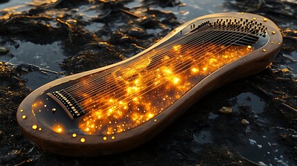 Mystical zither radiating golden energy on a reflective, dark surface