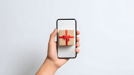 Hand holding smartphone with realistic image of a gift box on screen. Minimal white background and beige-red present evoke modern mobile gifting.