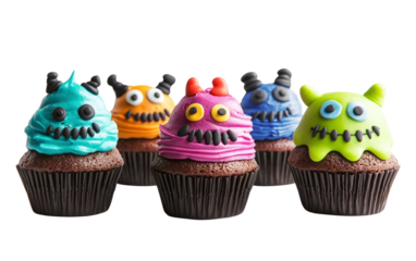 Assorted Halloween cupcakes with creepy designs and themed decorations including ghosts pumpkins and spooky icing effects isolated on transparent background PNG