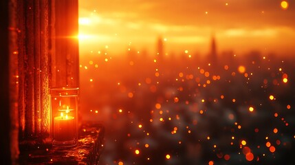 Glowing cityscape tranquility: A candlelit vigil against a warm, blurred urban horizon