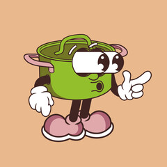 Retro character design of cooking pots suprised