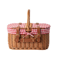 Wicker picnic basket with red and white checkered fabric lining and leather straps. Perfect for outdoor dining and summer fun.