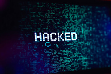 Hacked Text in Glitch Effect with Binary Code Background &ndash; Cyber Breach and Digital Security Threat Concept

