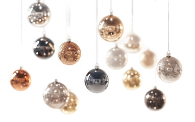 A festive collection of shiny Christmas baubles suspended delicately from invisible strings creating a magical and elegant holiday display isolated on transparent background PNG