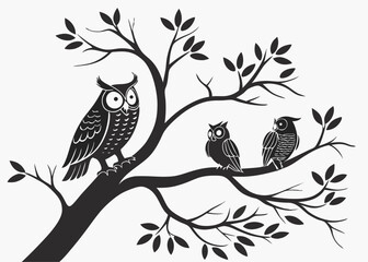 Three Owls Perched on a Bare Tree Branch Silhouette Illustration