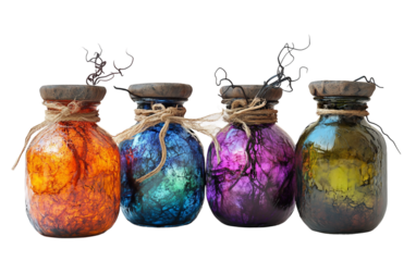 Assorted set of enchanted potion bottles with glowing liquids and mysterious contents styled with witchy elements for a spooky theme isolated on transparent background PNG
