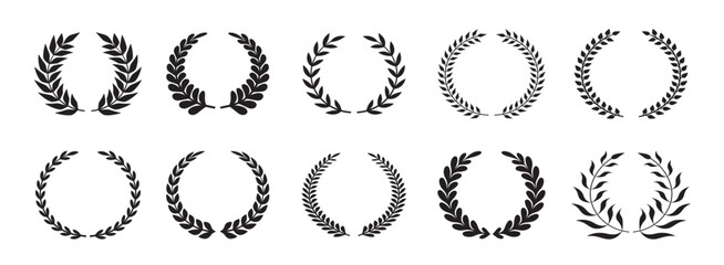 Set of black outline laurel icons. Vintage emblems.