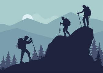 Silhouette illustration of hikers climbing a mountain with trekking poles and backpacks in nature