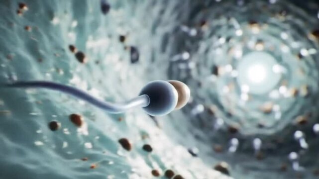 3D Animation of Sperm Cell Swimming Toward Egg – Fertilization Process Concept