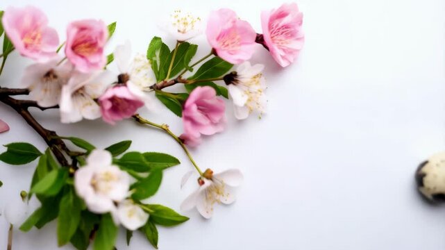 Floral springtime blossoms branches with speckled eggs, festive arrangement on white background for seasonal spring holiday celebration