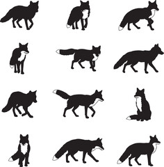 Collection of Fox Silhouettes:  Elegant Black and White Wildlife Vector Illustrations, Various Poses.