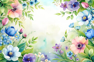 Watercolor floral frame with pink, blue and purple flowers, green leaves and empty space in the center.