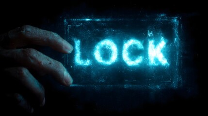 Futuristic holographic lock panel with hand reaching towards it