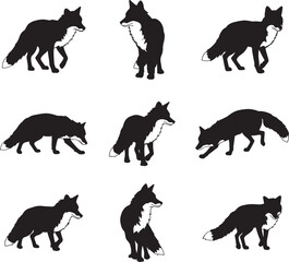 Collection of Fox Silhouettes:  Elegant Black and White Wildlife Vector Illustrations, Various Poses.