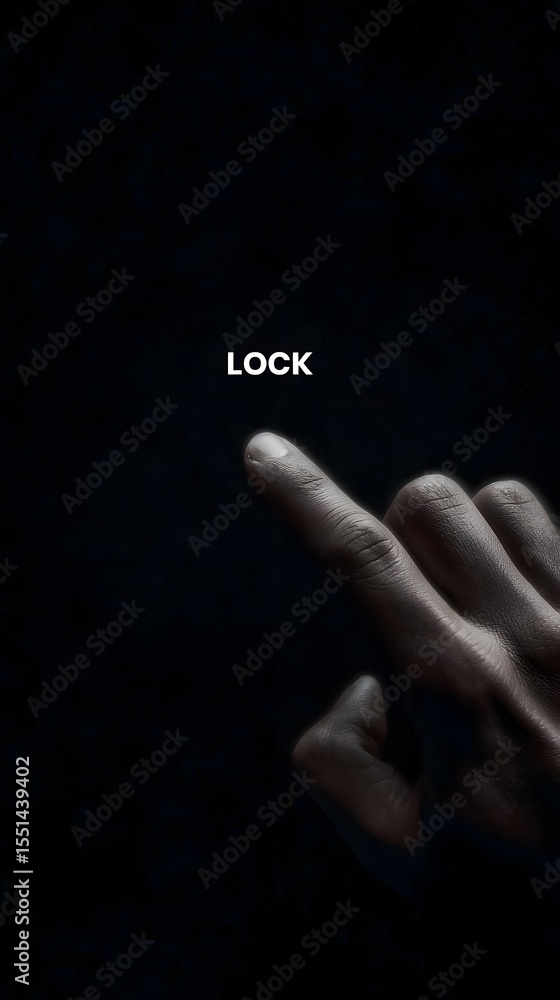 Poster finger touching lock button on a dark digital interface