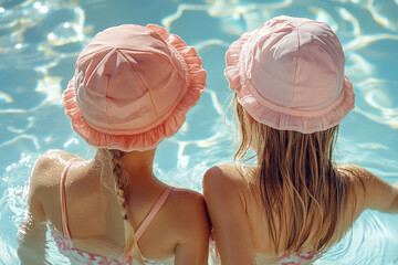 Two little girls in hats sit in a clean transparent pool in summer. View from above. Generated by artificial intelligence