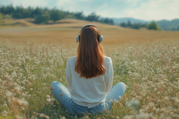 Back view of redhead girl with headphones sitting in field in summer. Enjoying nature and music.
