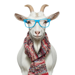Obraz premium A charming white goat gazes directly at the viewer, sporting blue framed glasses and a cozy, colorful knitted scarf. This whimsical animal portrait is ideal for various creative projects.