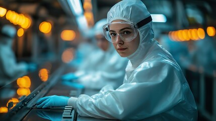 Female worker in clean - room suit and safety goggles, working in a high - tech industrial setting. Blurred colleagues and warm bokeh lights in background, suitable for industrial
