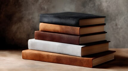 Stacked hardcover books on a clean desk