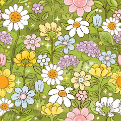 Cute flower flora with green leaf in the garden seamless pattern