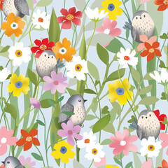 Cute bird and colordful wildflower seamless background
