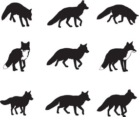 Collection of Fox Silhouettes:  Elegant Black and White Wildlife Vector Illustrations, Various Poses.