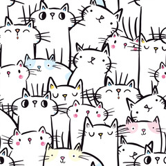Cute white kitty cat family seamless pattern