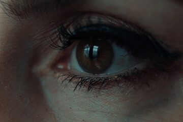 Naklejka premium Female eye close-up, looking into the distance, dramatic lighting. Psychology, emotions, mysticism, conceptual portrait