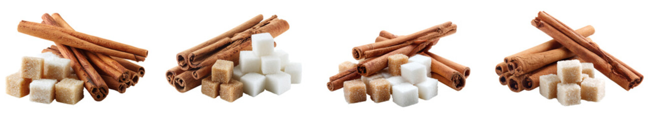Aromatic cinnamon stick with raw sugar cubes, culinary spice for a delicious food ingredient, PNG set with transparent background
