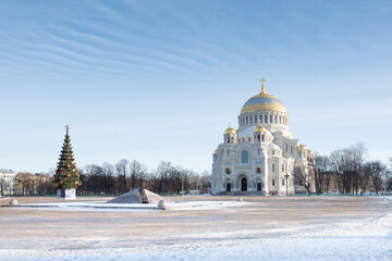 Decorated Christmas tree at the Naval Cathedral of St. Nicholas in Kronstadt. Saint Petersburg