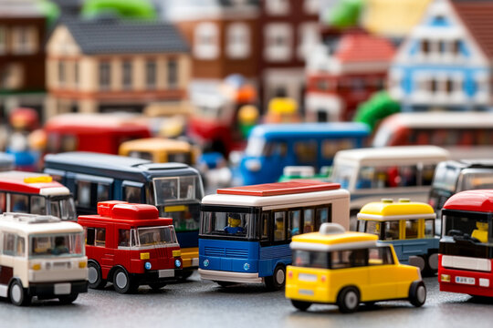 Miniature traffic jam with tiny cars in a vibrant city setting