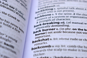 Close Up Of English Dictionary Page With Definition Word -Back Burner