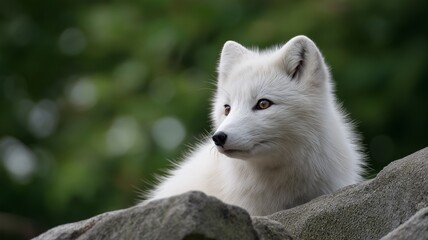 Obraz premium A white Arctic fox is perched on a rock, observing its surroundings in a lush green environment.