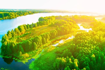 Gordijnen Lake in wild nature, aerial view. Wild Lake in summer. Landscape of lake in wildlife. Drone view of wetland in green colors. Rural environment, clean air and ecology. Pond and swamp in forest. © MaxSafaniuk