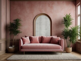 Obraz premium Pink velvet loveseat sofa, wooden cabinet and potted houseplant against venetian stucco wall