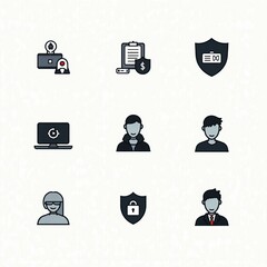 A set of flat design icons representing cybersecurity, user profiles, data protection and secure access, arranged in a 3x3 grid on a light textured background