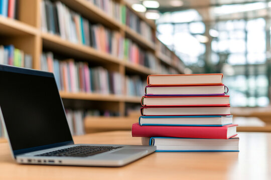 Close-up of textbooks and laptop on a desk in a study space