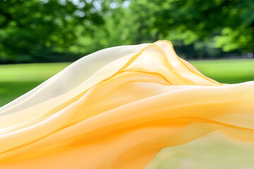 Yellow scarf sways gently in the wind under bright sunlight