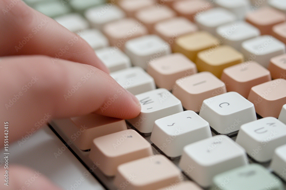Poster close-up view of hands typing on a pastel keyboard in dynamic chaos