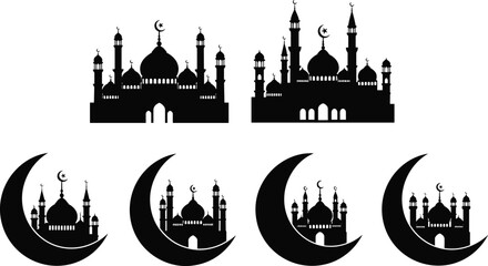 Islamic mosque silhouette collection, crescent moon emblem, Ramadan Eid greeting vector, black religious skyline icons, Muslim architecture design, holy night art,