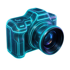 Digital Camera Neon Icon: A futuristic neon-blue digital camera icon, symbolizing photography, technology, and innovation.  Its sleek design and vibrant glow suggest a modern and advanced device.