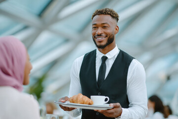 Smiling waiter serving breakfast to customer in restaurant