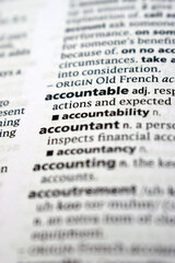 Close Up Of English Dictionary Page With Definition Word - Accountable